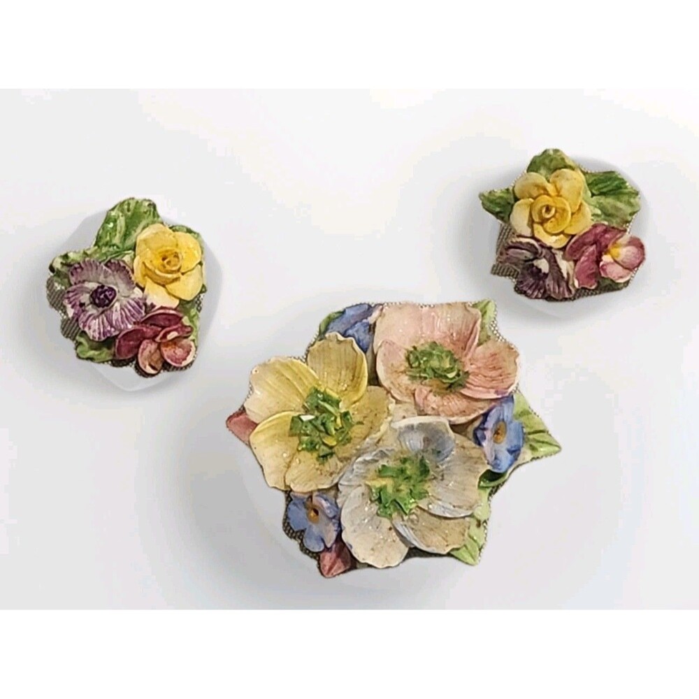 Vintage Coalbrook China Flower Brooch & Screwback Earrings Set Made In England